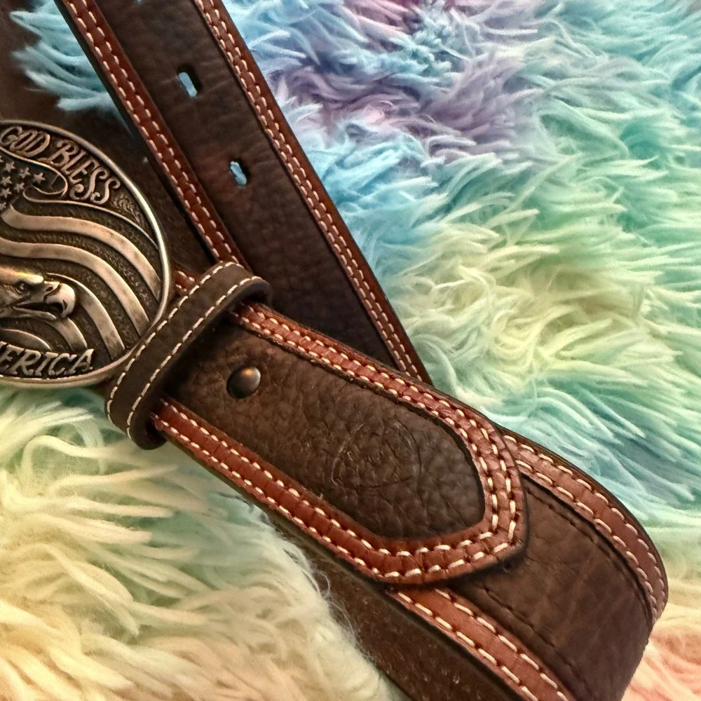 Ariat Leather Belt Mens 32 Patriotic Eagle Nocona God Bless America belt buckle